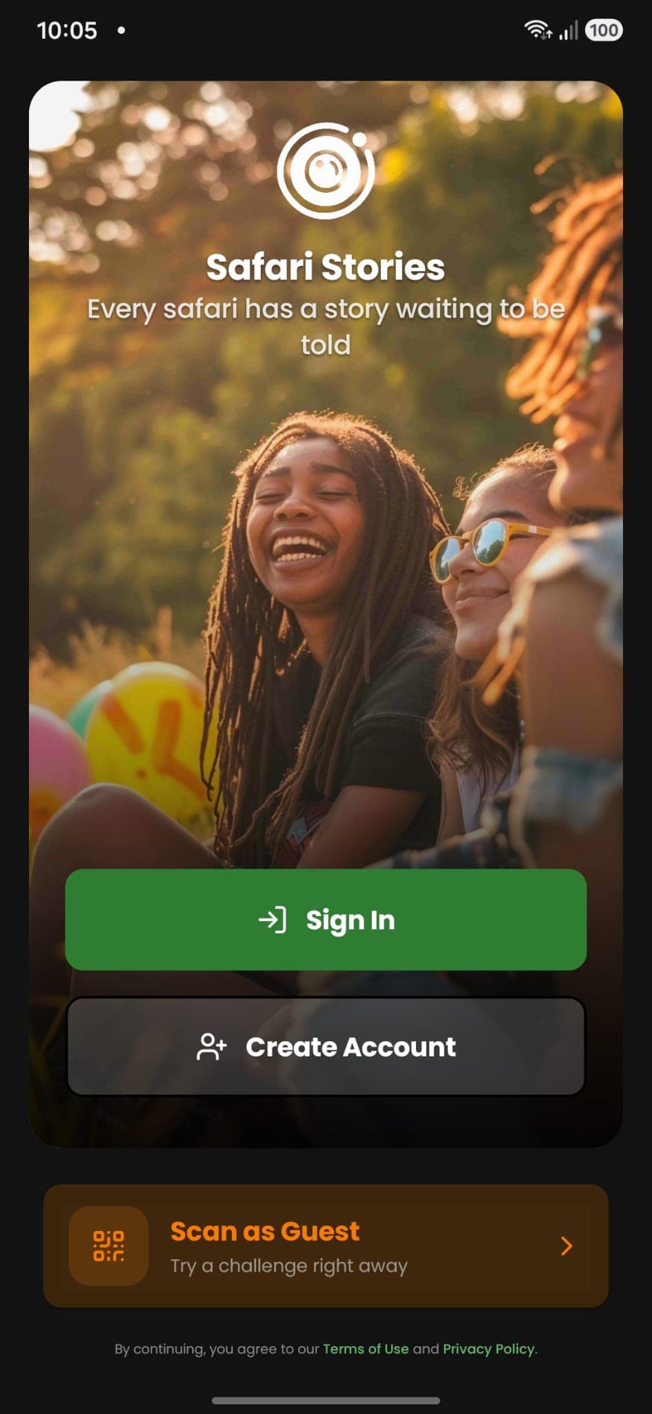 Safari Stories welcome screen with options to sign in, create an account or scan as a guest