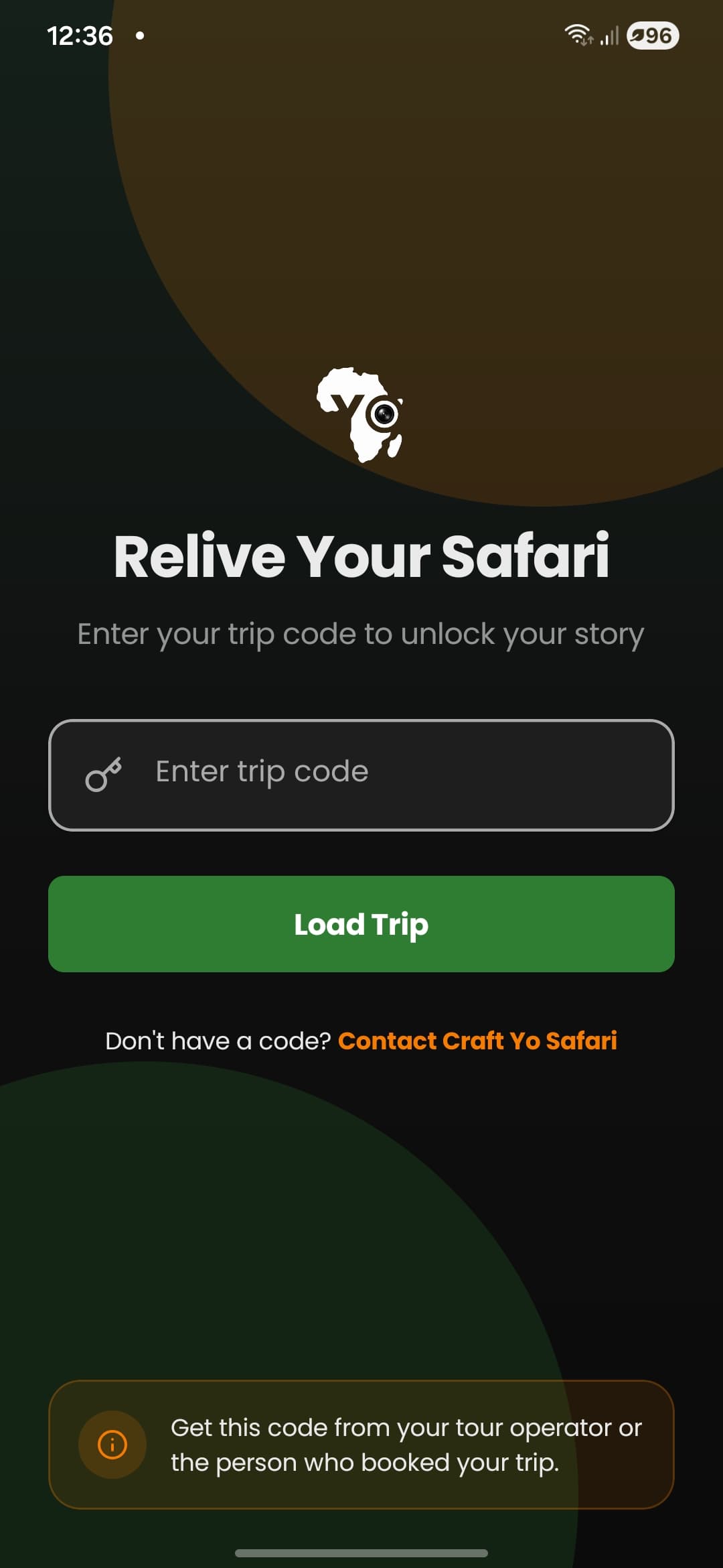 The Safari Stories app trip code screen